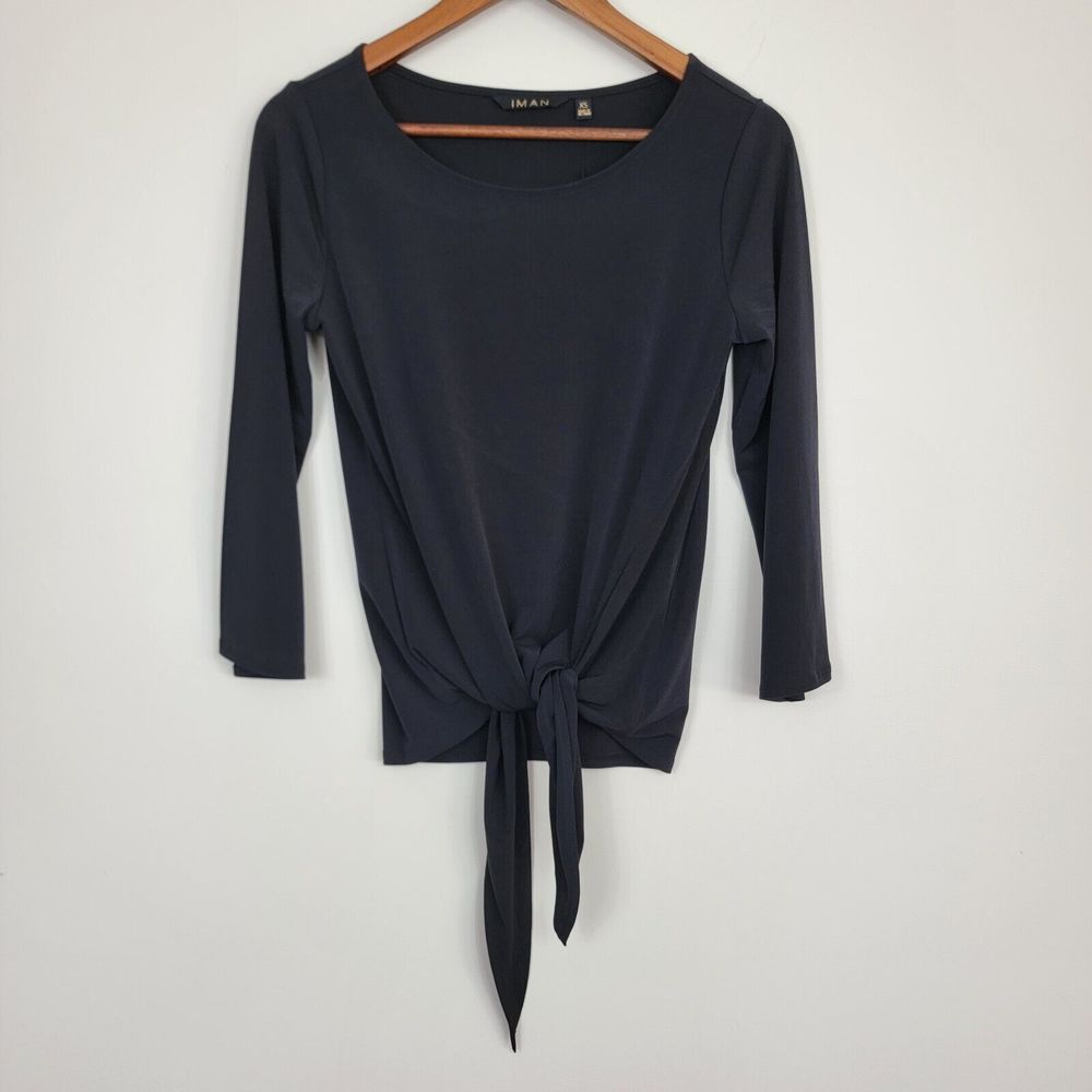 Iman Black XS Blouse Tie Front 3/4 Sleeve Global Chic